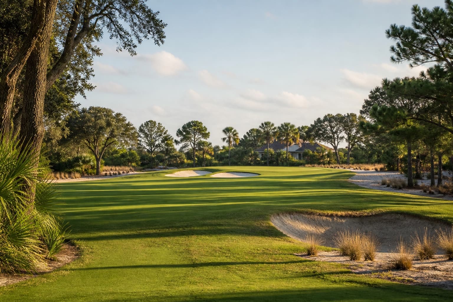 Illustrative South Florida golf landscape with native sandy areas, palms and mature trees