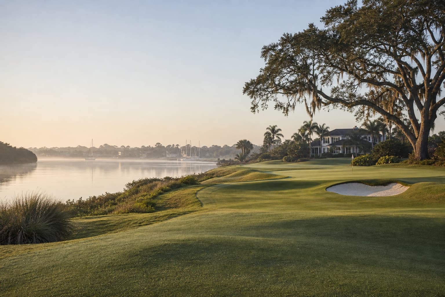 Illustrative Martin County waterfront golf setting in quiet early-morning light